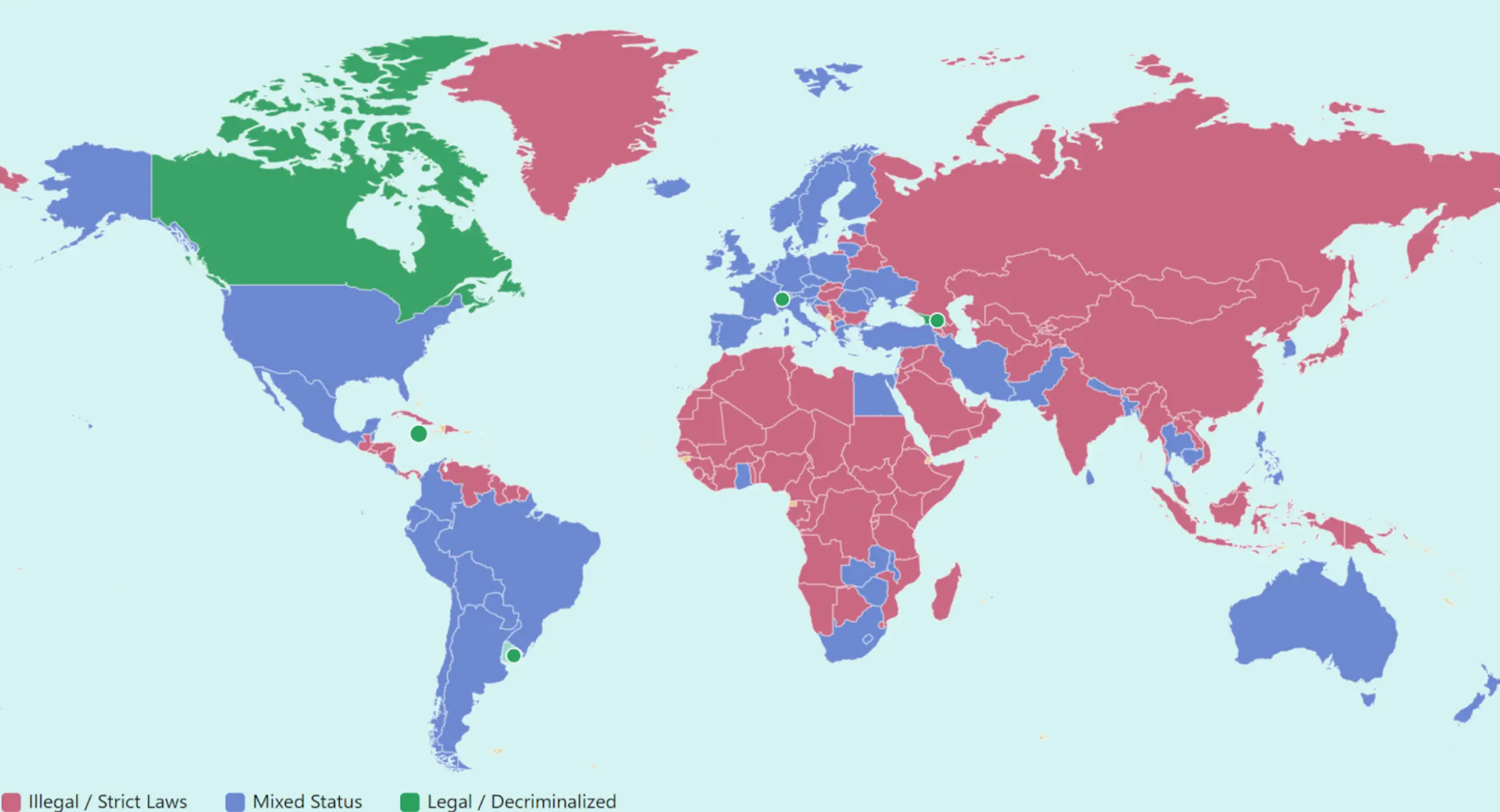 A map showing the legalization status of cannabis