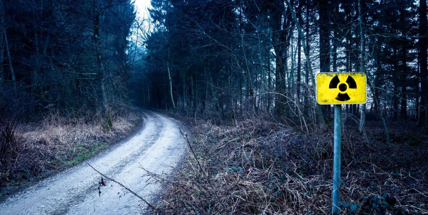 a warning sign placed before a dark road