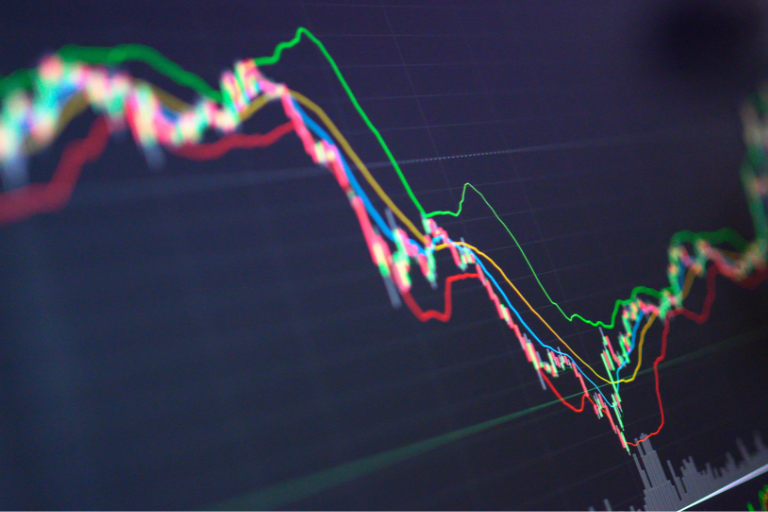 Falling line charts on a screen