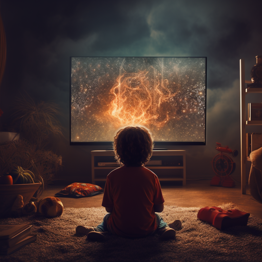 A child watching a tv screen that is showing a ball of flames