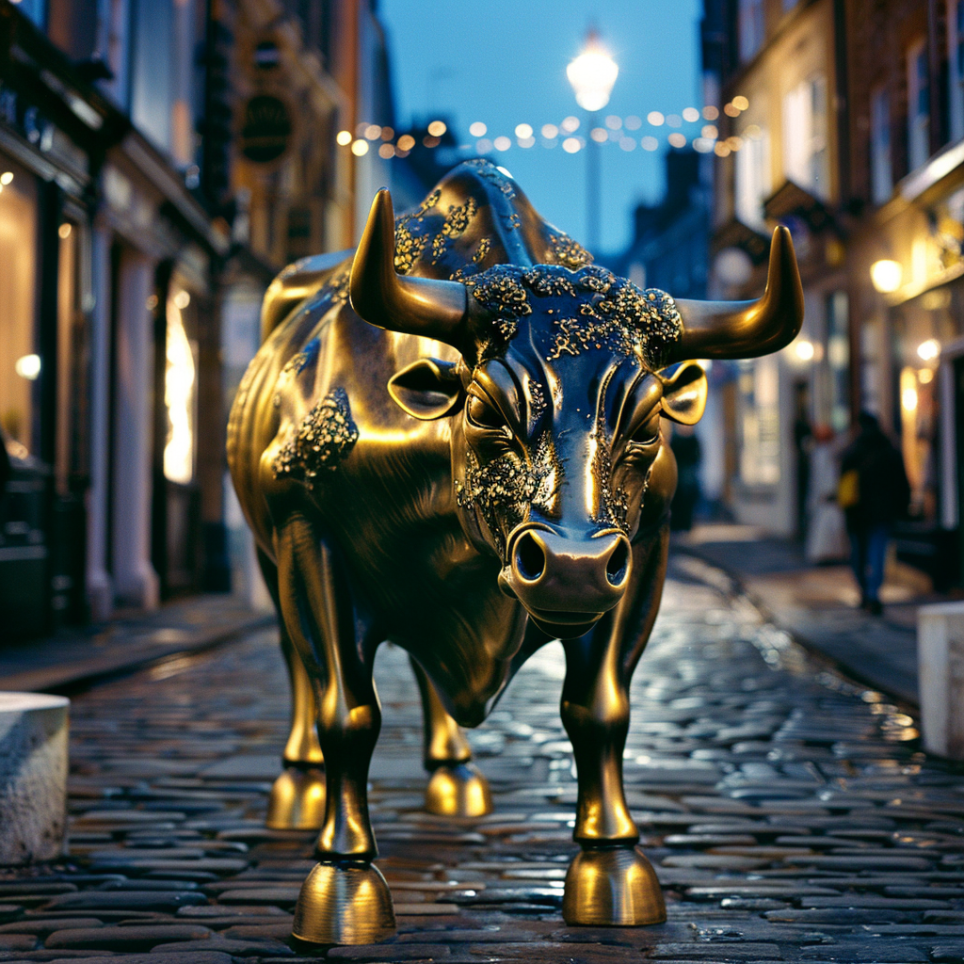 A golden metal bull statue.